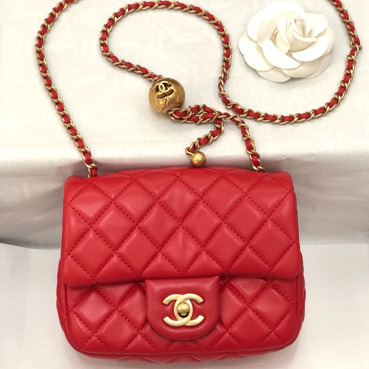 CHANEL MINI SQUARE CLASSIC FLAP BAG 17CM RED LAMBSKIN GOLD HARDWARE