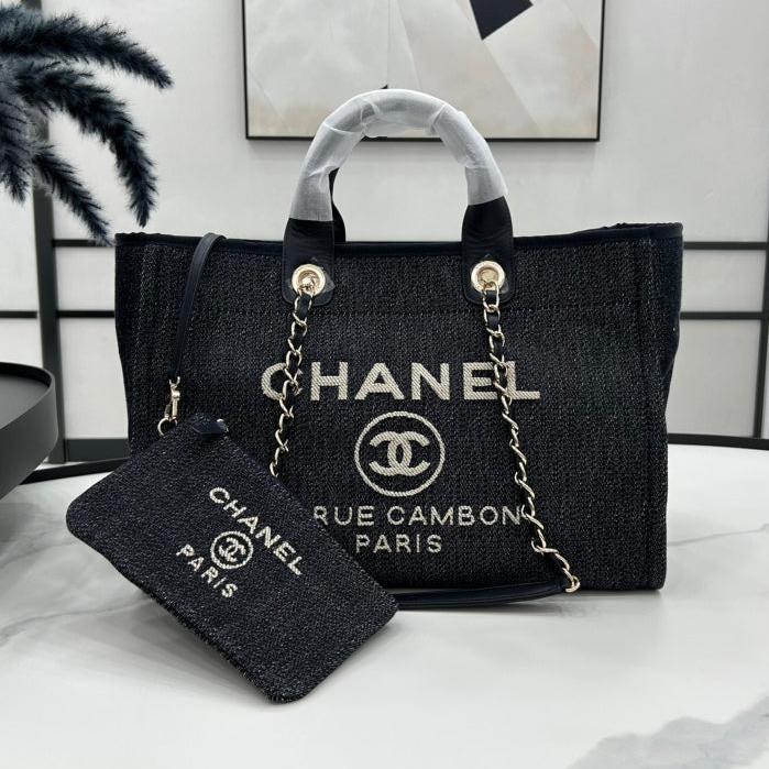 CHANEL DEAUVILLE LARGE 38 TOTE BAG IN DARK NAVY CANVAS WITH WHITE LOGO EMBROIDERED