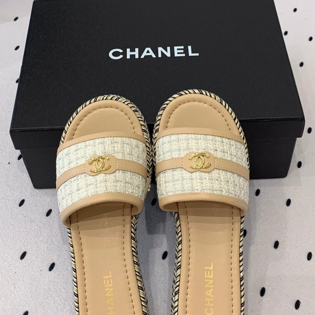 CHANEL Double  Women Beige Cream/ White Slippers Calfskin