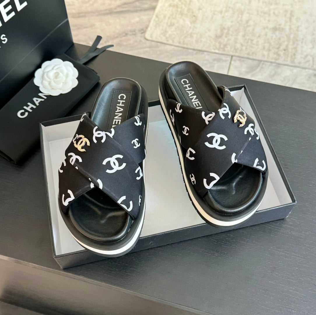CHANEL Cross Straps Mule Sandals Lambskin Black