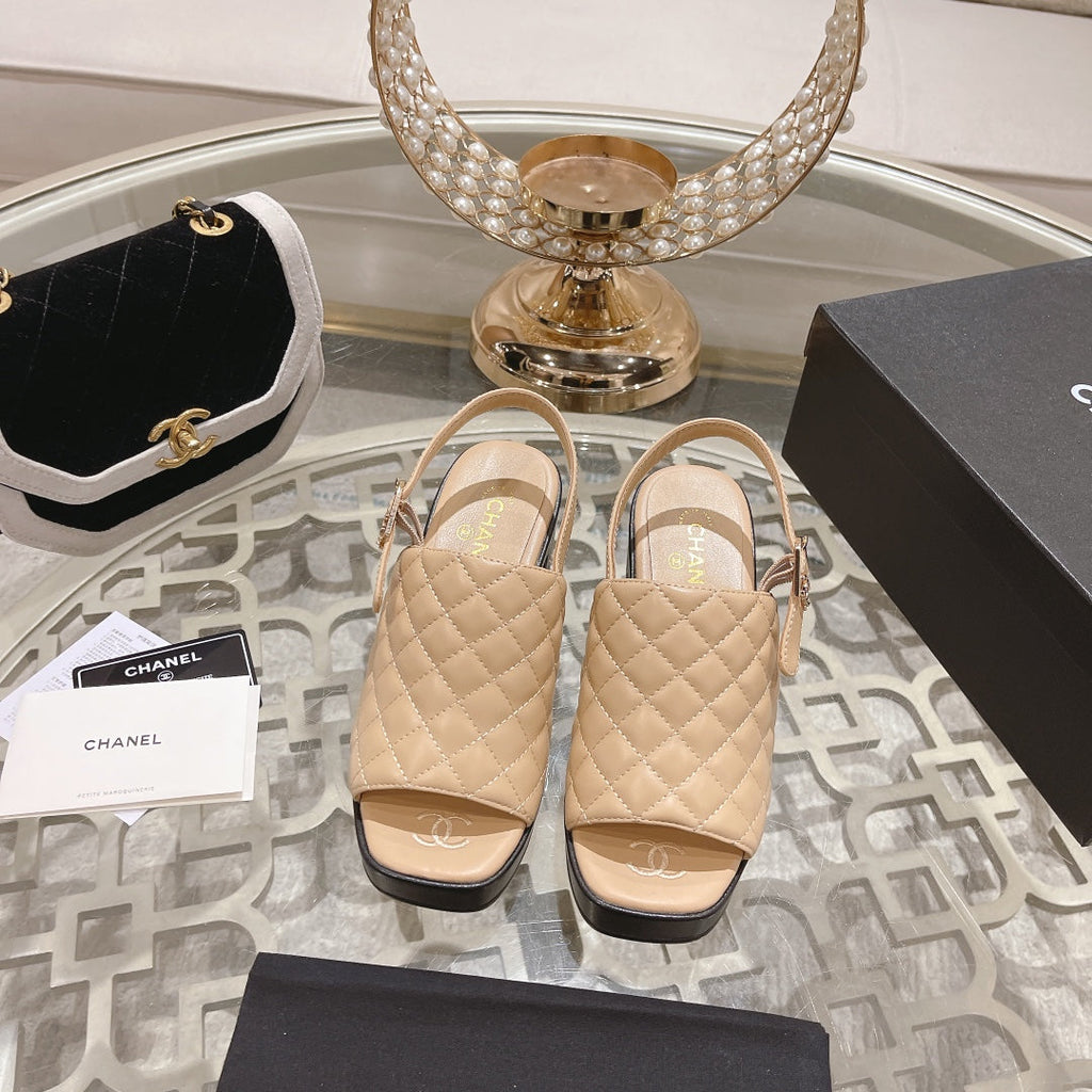 CHANEL Double C  Chunky Heel Peep-Toe Open Sandals Beige Cream Lambskin