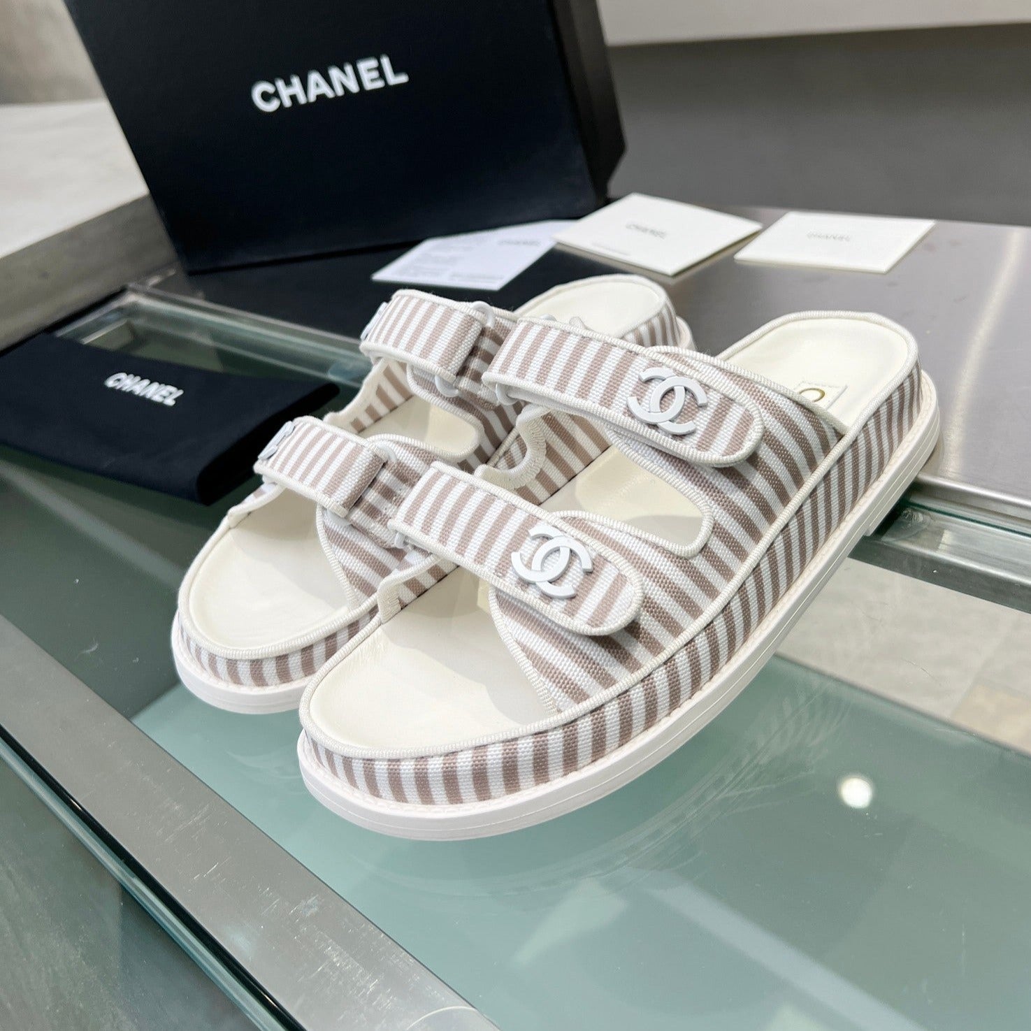 CHANEL Stripes Casual  Flat Sandals Gray White