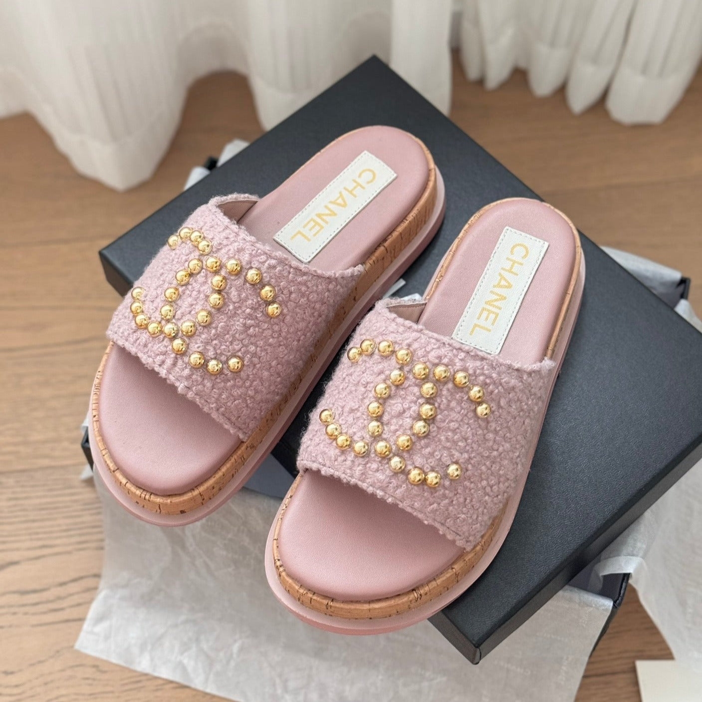 CHANEL Slippers Platform Lambskin Turkish Rose